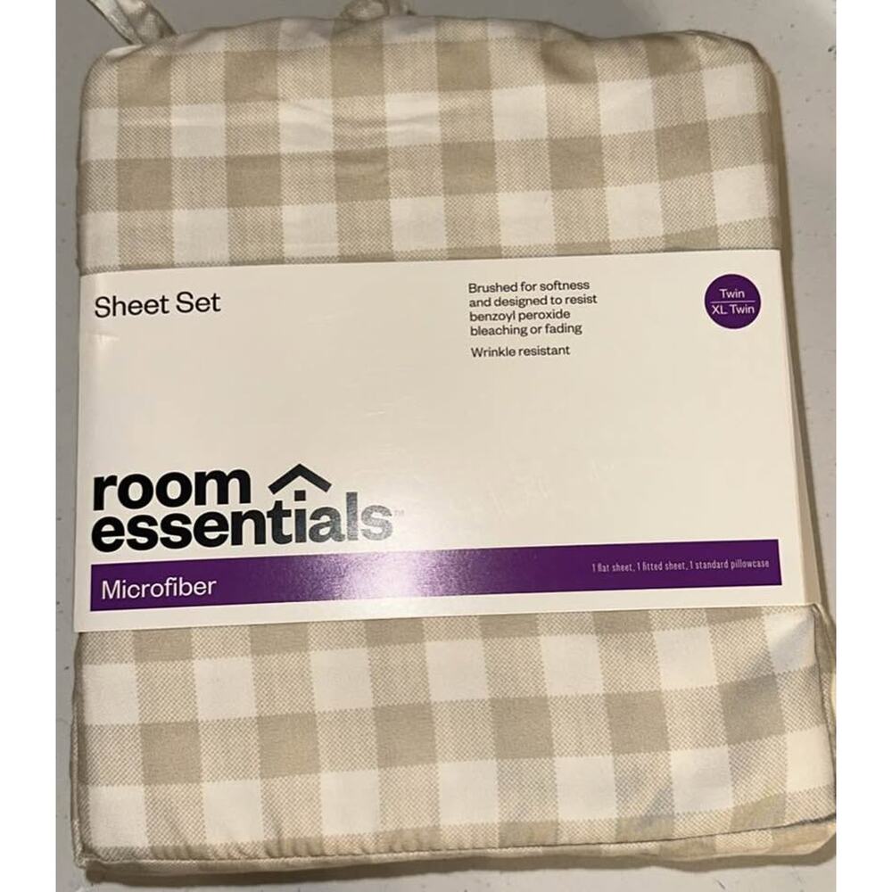 Twin XL sheet set khaki gingham pattern